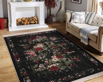 Floral Rug Runner: Black Fringed Velvet, Non-Slip Backing