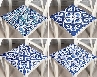 Tile Pattern Seat Pads with Ties, Bohemian Patio Chair Cover With Ties, Outdoor Dining Chair Cushions, Authentic Cushion, Chic Home Present