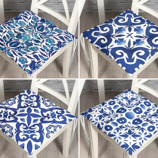 Tile Pattern Seat Pads with Ties, Bohemian Patio Chair Cover With Ties, Outdoor Dining Chair Cushions, Authentic Cushion, Chic Home Present