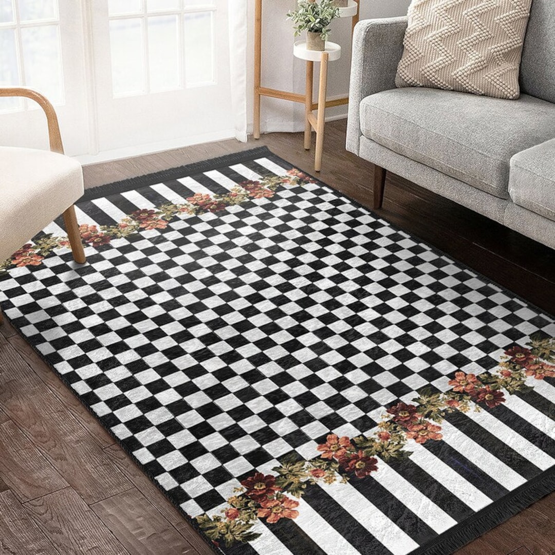 Photo inspiration: Floral And Geometric Area Rug Anti Slip Checkered Rug Black Photo Inspiration