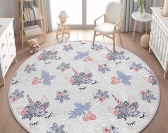 Kleinkinderteppich mit Einhornmotiv: Blumendesign – rund, rutschfest