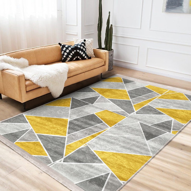 Gray & Yellow Area Rug, Modern Non Slip Rug, Geometric Style Carpet