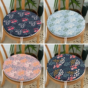 Wildflowers Design Round Chair Pads with Ties, Country Floral Set of 4 Seat Covers, Rustic Flower Style Chair Cushions, Housewarming Gifts