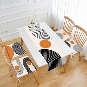Abstract Art Style Table Runner & Chair Pad Set, Geometric Chair Cushions, Nordic Dining Table Runner Set, Decorative Art Chair Cushions