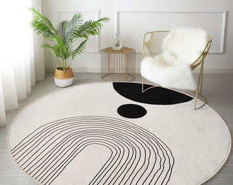 Tapis rond art minimaliste, tapis rond art abstrait, moquette ronde aux lignes arrondies et arrondies, tapis de salon contemporain, tapis de sol moderne