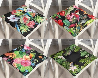 Lovely Parrot Design Chair Cushions, Sweet William Style Seat Pad, Bird Kitchen Seat Cushion With Ties, Jungle Outdoor Chair Pad