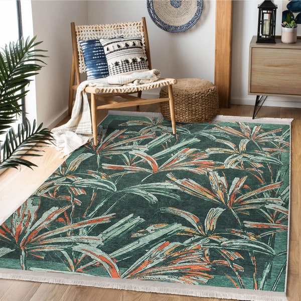 Tapis de feuilles tropicales, tapis antidérapant floral, tapis de zone exotique vert, tapis de balcon vert et orange, coureur de couloir forestier, tapis de sol moderne