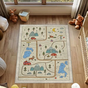 Tapis carte des montagnes forestières, tapis pour chambre d'enfant d'aventure en plein air, tapis de lac de montagne fantaisiste, tapis de route antidérapant rustique, tapis de jeu pour enfants carte de camping