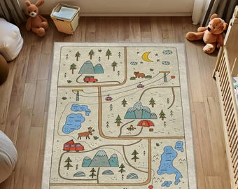 Adventure Map Rug: Whimsical Mountain Lake Nursery Floor Mat