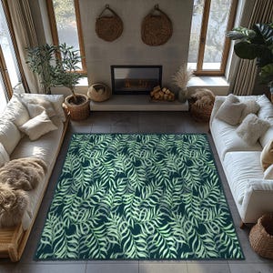Green Leaf Accent Rug, Anti-Slip Palm Leaves Dining Room Rug, Nature Inspired Floor Mat, Exotic Plants Rug, Tropical Foliage Kitchen Runner