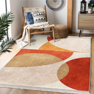 Abstract Rugs, Bohemian Non-Slip Area Rug, Large Circles Carpet, Geometric Living Room Rug, Abstract Shapes Floor Mat, Orange Kitchen Runner