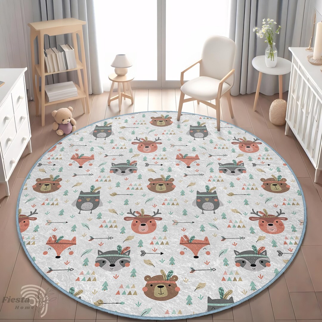 Boho Baby Room Rug, Woodland Animals Nursery Carpet, Fox and Owl Kids ...