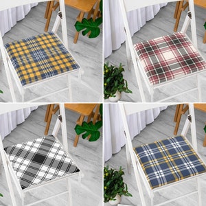 Comfy Plaid Design Kitchen Chair Pad with Ties, Nonslip Seat Pad for Dining Room Chairs, Tattersall Pattern Outdoor Chair Cushion, Home Gift