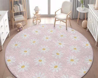 Floral Classroom Rug: Pink Daisy Design - Soft Velvet, Non-Slip Base