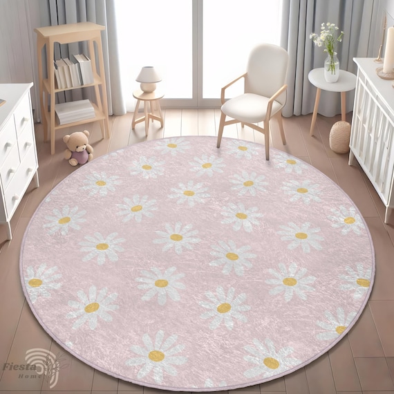 Floral Classroom Rug: Pink Daisy Design - Soft Velvet, Non-Slip Base