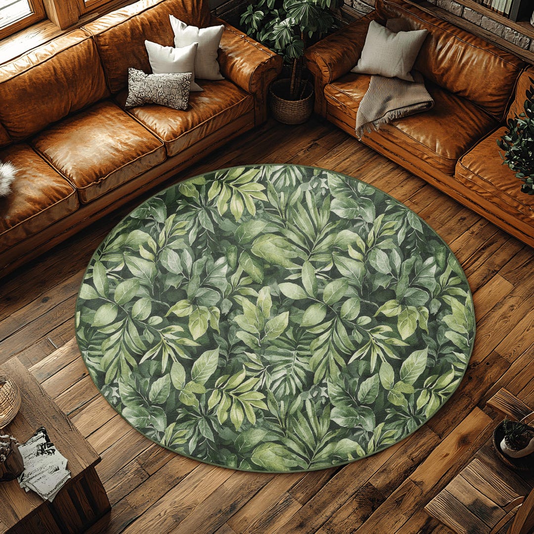 Tropical Leaves Rug: Nature-inspired Round Accent (machine Washable) - Etsy
