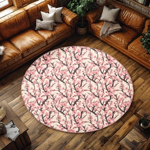Pink Cherry Blossom Rug - Round Floral Design, Soft and Durable