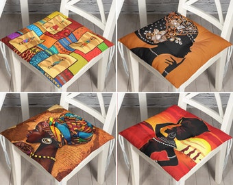 Afro Girl Pattern Seat Cushions, Ethnic Chair Pad with Ties, Outdoor Dining Chair Cushions, Afrocentric Kitchen Seat Pad, African Woman Deco