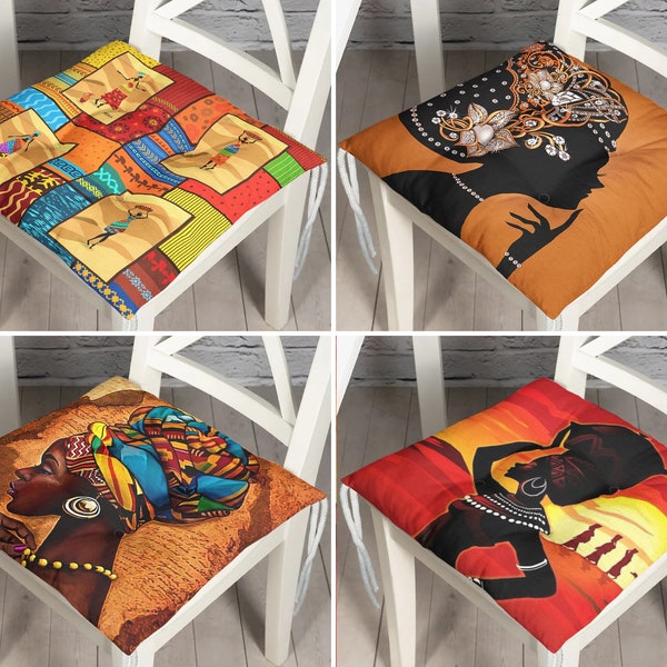 Afro Girl Pattern Seat Cushions, Ethnic Chair Pad with Ties, Outdoor Dining Chair Cushions, Afrocentric Kitchen Seat Pad, African Woman Deco