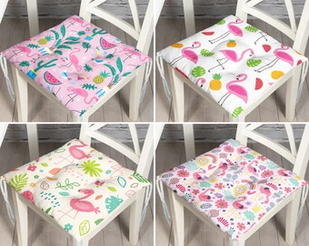 Flamingo & Pineapple Balcony Puffy Chair Pads, Anime Style Seat Cushion, Tropical Leaves Garden Seat Pad With Ties, Outdoor Cushion for Kids