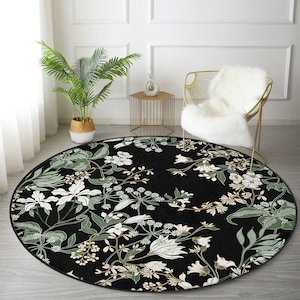 Tappeto rotondo verde e fiori, tappeti neri antiscivolo circolari, tappeto rotondo a tema giardino, tappeti floreali per soggiorno, tappetino da cucina popolare
