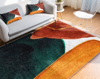 Abstract Area Rug: Bright Orange Oil Painting Design - Washable, Non-Slip