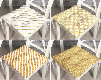 Striped Porch Puffy Chair Pads, White Gold Kitchen Seat Cushions With Ties, Wedding Chair Decor, Outdoor Seat Pad, Chic Pattern Cushion