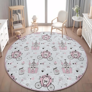 Rond kinderkamerkleed sprookjeskasteel, antislip roze babykamertapijt, speelkleed prinsessenkoets, roze vogelmat, decor meisjeskamer prinses thema