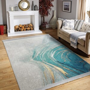 Marble Design Rug, Non-slip Area Rugs With Gold Detail, Gray & Aqua ...