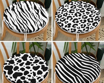 Black & White Leopard Design Round Chair Pads with Ties, Wild Life Set of 4 Seat Covers, Cheetah Style Chair Cushions, Zebra Pattern Cushion