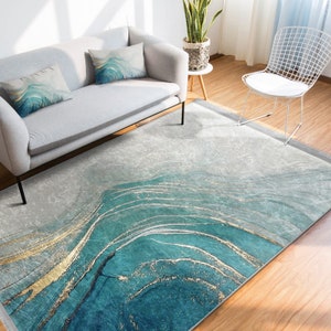 Marble Design Rug, Non-slip Area Rugs With Gold Detail, Gray & Aqua ...