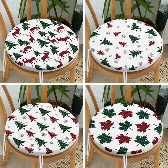 Red Green Pnee Tree Design Round Chair Pads With Ties Christmas Set of 4 Seat Covers Deer Style Chair Cushions Botanical Pattern Cushion Etsy Canada