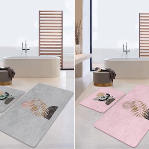 Abstract Bath Mat, Abstract Leaf Bathroom Rug, Gray Bath Rug, Pink Bathroom Mat, Non Slip Bath Rug Set, Soft Bath Mat, Modern Bathroom Decor