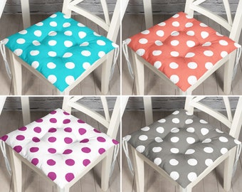 Polka Dot Outdoor Puffy Cushion, Spotted Garden Kitchen Chair Pad, Polka Seat Pad With Ties, Balcony Patio Decor, Indoor Seat Mat