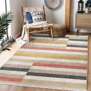 Colorful Area Rug, Bohemian Non-Slip Carpet, Modern Stripes Rug, Washable Kitchen Rug, Boho Bedroom Rug, Long Hallway Runner, PVC Doormat