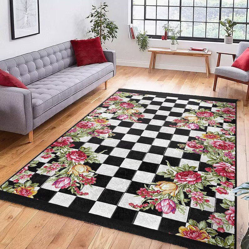 Checkered Floral Runner Rug: Black White With Pink Flowers - Etsy