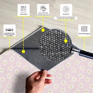 May include: A pink and white area rug with a daisy pattern. The rug is made of 100% cotton and has a non-slip backing. The rug is suitable for use with a robot vacuum cleaner.
