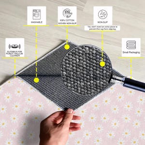 May include: A pink and white area rug with a daisy pattern. The rug is made of 100% cotton and has a non-slip backing. The rug is suitable for use with a robot vacuum cleaner.