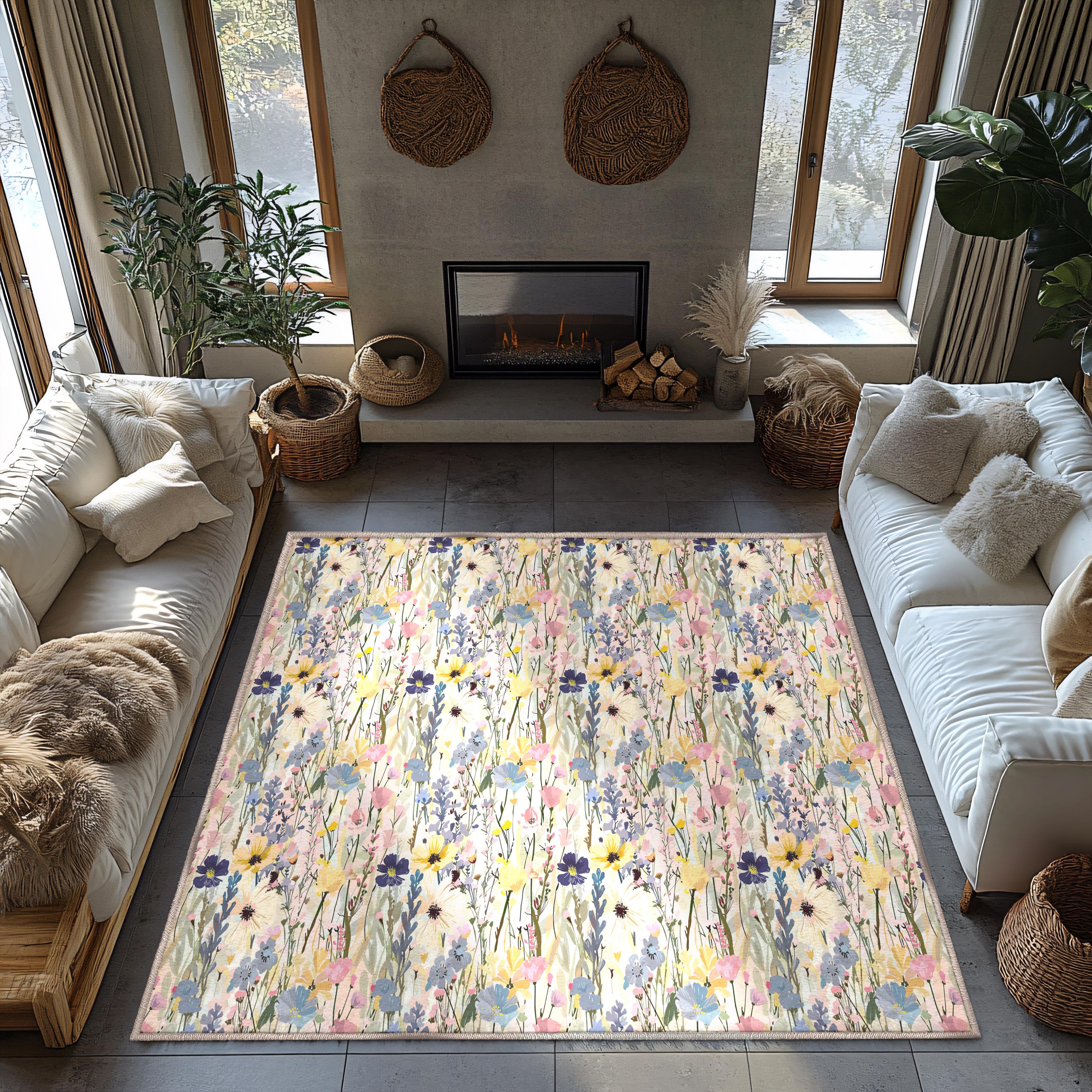 Wildflowers Area Rug, Watercolor Floral Dining Room Rug, Anti-Slip Spring Wildflowers Bedroom Carpet, Pastel Color Floral Rug, Entryway Rug