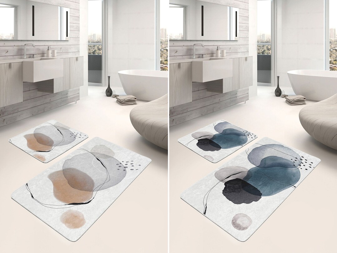 Set of 2 Abstract Bath Mat, Watercolor Shapes Bathroom Rug, Unique Bath ...