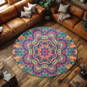 Mandala Design Round Rug, Colorful Non-Slip Circle Rug, Bohemian Style Carpet, Washable Pilates Mat, Meditation Floor Mat, Yoga Room Decor