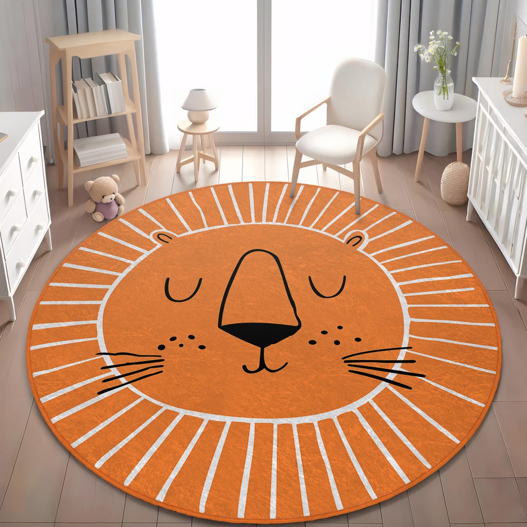 Baby Sleep Rug Cute Lion Baby Room Rug, Orange Round Nursery Rug, Non-slip Sleeping ...