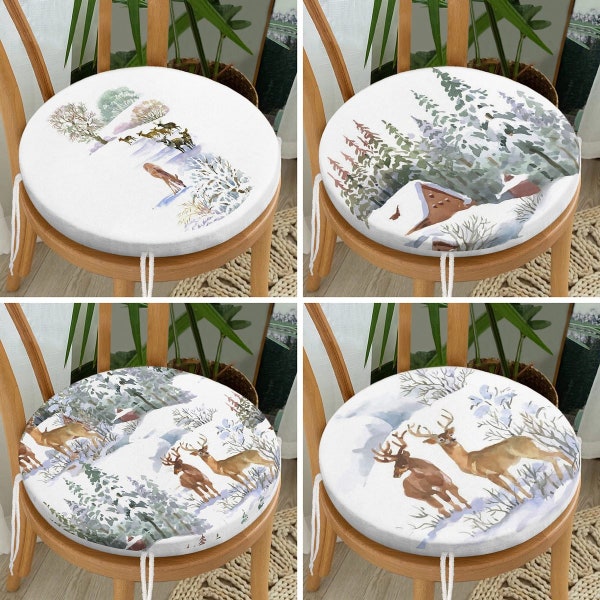 Winter Theme Round Seat Pads with Ties, Deer Style Set of 4 Seat Covers, Reindeer Chair Cushions, Cozy Festive Cushion Cover, Seasonal Decor