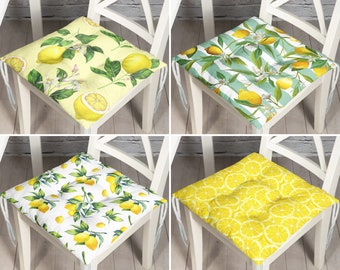 Lemon Slice Style stoelkussen, geel terrasstoelkussen met stropdassen, stoelhoezen voor buiten, keukengestreepte zitkussens, verfrissend zitkussen