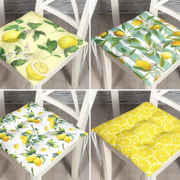 Lemon Slice Style Chair Cushion, Yellow Patio Chair Pad with Ties, Outdoor Chair Covers, Kitchen Striped Seat Pads, Refreshing Seat Cushion