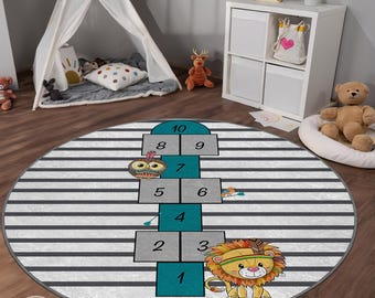 Spielteppich fürs Kinderzimmer: Runder Eulen-Motiv – Weicher Samt, rutschfest