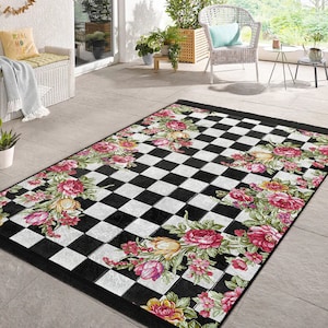 Checkered Floral Runner Rug: Black White with Pink Flowers