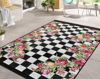 Geometric and Floral Area Rugs, Black White Check Rug, Pink Flowers Non-Slip Carpet, Washable Kitchen Floor Mats, Floral Fringed Balcony Rug