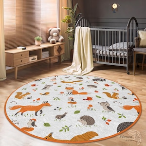 Waldtiere Babyzimmer Teppich, Kleine Waldtiere Waldtiere, Fuchs und Eule Kinderteppich, Eichhörnchen und Igel Kleinkind Teppich, Tagesmatte