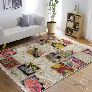 Area Rug: Patchwork Floral Design - Non-Slip Polycotton